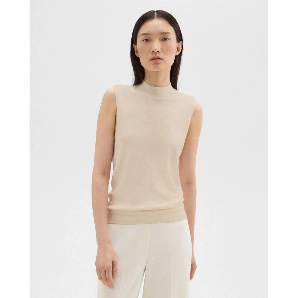 Theory Regal Wool Mock Neck Sweater Shell Ivory Sleeveless Knit Top M